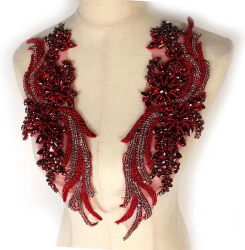 Miniatura 2 de Apliques de Ropa DIY con Cuentas y Pedrería Hechos a Mano, Aplique con Cuentas para Decoración de Vestido de Novia, Aplique de Flores Oro Vino