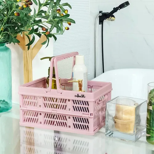 Miniatura 4 de ZHJINGYU cajas para almacenamiento, cestas de plástico para organizar, cesta de compras plegable, caja plegable con asas, caja de almacenamiento Rosa
