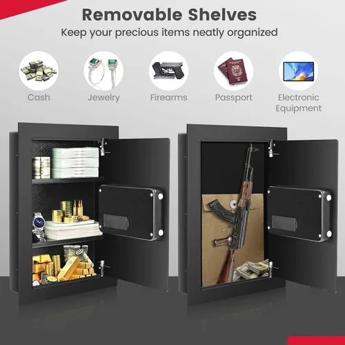 Miniatura 3 de S AFSTAR Caja fuerte de pared, caja de seguridad digital electrónica con teclado y 2 llaves de emergencia, estante extraíble y luces LED, caja