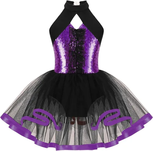 Miniatura 118 de CHICTRY Vestido tutú de ballet con lentejuelas brillantes para niñas y niñas, moderno disfraz de baile latino de jazz