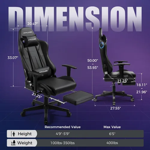Miniatura 3 de GTPLAYER Silla de juegos con altavoces, sillas de videojuegos con reposapiés para adultos, silla reclinable ergonómica para computadora de PC (negro)