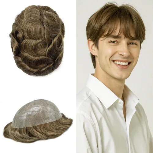 Miniatura 33 de Extensiones de pelo tipo tupé para hombre, sistema de reemplazo de cabello humano virgen 100% europeo, piel fina y duradera, inyección completa