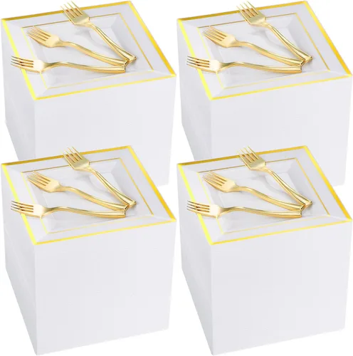 El juego de 300 platos cuadrados de plástico con tenedores incluye 150 platos de postre desechables de 6.5 pulgadas resistentes y 150 tenedores de