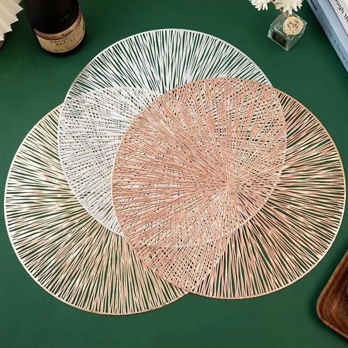 Miniatura 2 de 2/4/6pcs 38cm Round Hollow Waterproof Dining Placemats Gold, Heat Resistant Non-Slip PVC Table Mats for Home, Hotel Dining Restaurant
