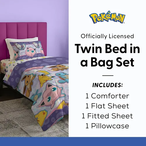Miniatura 7 de Northwest Pokemon - Juego de cama de tamaño individual en una bolsa, Pikachu Eevee Jigglypuff, ropa de cama de anime para niños y niñas, batalla