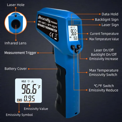 Miniatura 4 de Termómetro infrarrojo pistola de temperatura -58℉~ 716℉ (-58.0 °F ~ 716.0 °F) Termómetro infrarrojo láser digital sin contacto con luz de fondo,