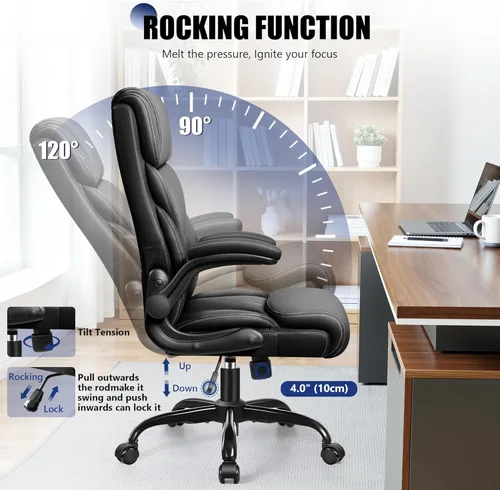 Miniatura 5 de Primy Silla de oficina, silla de escritorio ergonómica de cuero con reposabrazos abatibles, respaldo alto grande y alto, silla ejecutiva para Negro