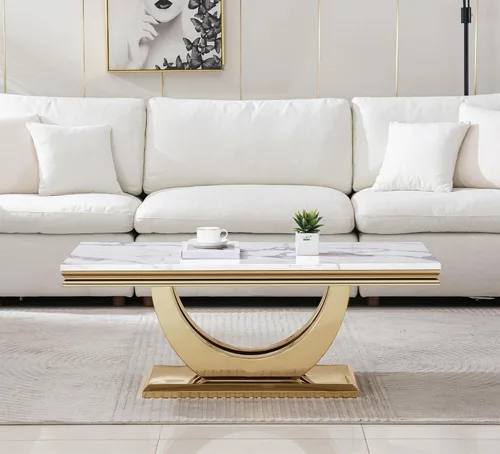 Miniatura 3 de SSLine Mesa de Centro Rectangular de Mármol Sintético para Sala de Estar, Mesa Central Moderna de Mármol Blanco de Lujo con Base Doble en Forma de U