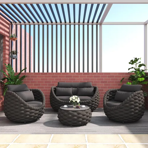 Miniatura 51 de TWT 3-Piece Woven Rope Patio Furniture Set, 2 Outdoor Armchairs with Soft Cushions + Round Aluminum Coffee Table, All-Weather Conversation Set for