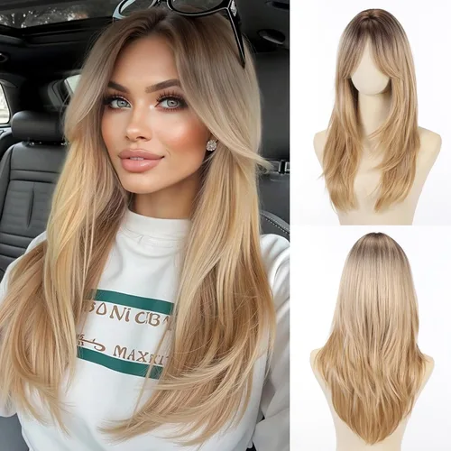 Miniatura 15 de Allbell - Peluca larga y lacia para mujer, color ombré castaño claro a rubio con flequillo, con reflejos, de cabello sintético, resistente al calor