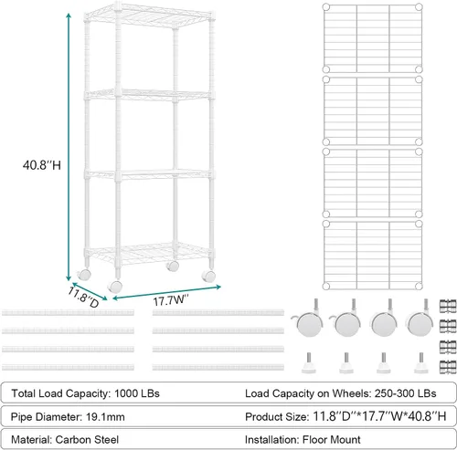 Miniatura 3 de M MZG Estante de alambre de acero resistente ajustable de 1000 libras, con 4 estantes, unidad de almacenamiento ajustable con rueda para cocina