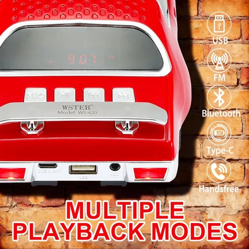 Miniatura 4 de WSTER Altavoz Bluetooth retro para automóvil con sonido estéreo HD, emparejamiento TWS, luces LED de fiesta, micrófono incorporado, altavoz Rojo