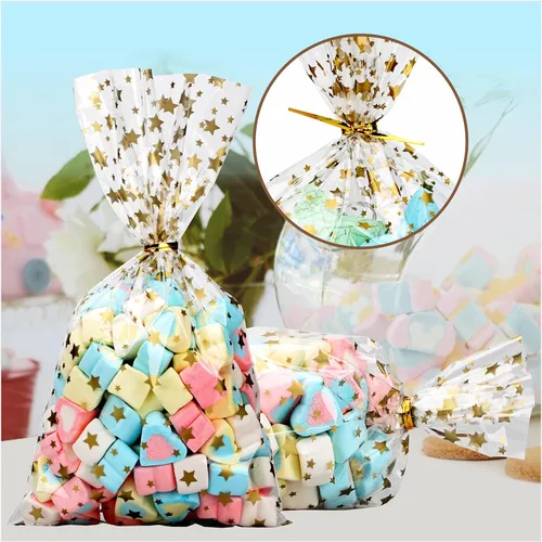 Miniatura 7 de 100 bolsas de celofán, bolsas de celofán transparente de 4 x 6 pulgadas, 100 lazos dorados, para galletas, chocolate, panadería, recuerdos