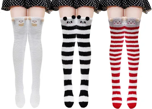 Miniatura 3 de Calcetines altos hasta el muslo para mujer, lindos dibujos animados, por encima de la rodilla, cálidos, calentadores de piernas a rayas