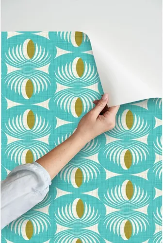 Miniatura 3 de Spoonflower Papel tapiz autoadhesivo para despegar y pegar, diseño geométrico moderno de mediados de siglo, color verde aguamarina, papel tapiz