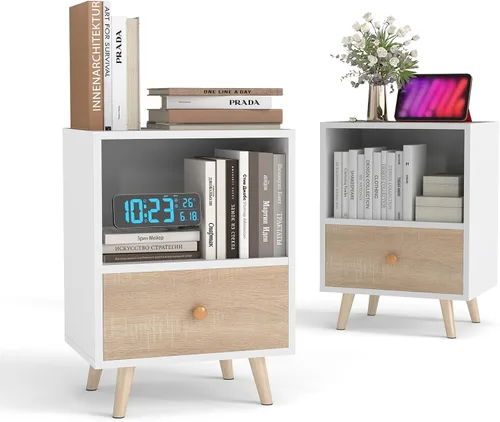 Miniatura 12 de JAXPETY Juego de 2 mesitas de noche modernas de madera, mesita de noche con cajón, muebles de noche, mesa auxiliar con estante abierto y patas