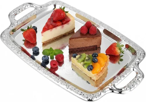 Bandeja rectangular plateada para servir – Bandeja de metal vintage para whisky – Vajilla de comedor y fuente decorativa perfecta para