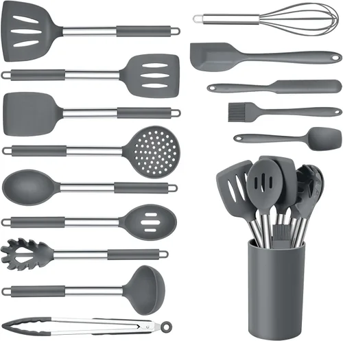 Miniatura 10 de Onader Juego de utensilios de cocina, 15 piezas de utensilios de cocina de silicona con soporte y mango de acero inoxidable resistente al calor