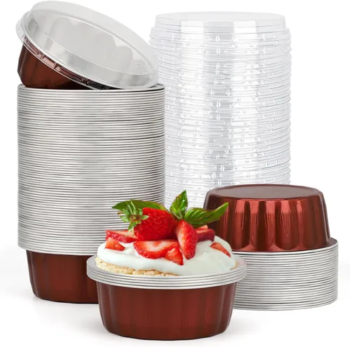 Miniatura 29 de Beasea Ramequines con tapas, 8oz 50 unidades de tazas de aluminio desechables para hornear, tazas de papel de aluminio plateado para creme brulee