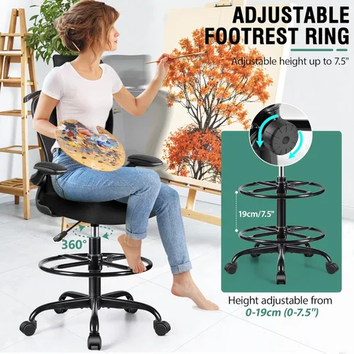 Miniatura 3 de Silla de Dibujo, Silla de Oficina Alta con Soporte Lumbar y para la Cabeza 3D, Silla Ergonómica de Malla para Escritorio de Pie con Reposapiés, Negro