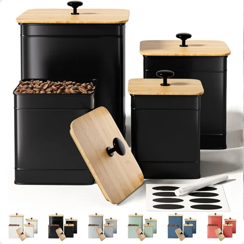Recipientes de Cocina para Encimera Juego de 4 con Etiquetas de Pizarra Personalizables y Rotulador - Grandes Recipientes de Cocina de Hierro con