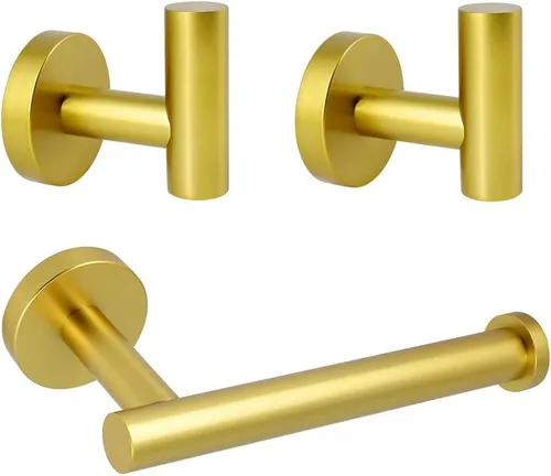 Miniatura 10 de Juego de accesorios de baño de 3 piezas, color negro y dorado, para montar en la pared, incluye soporte para papel higiénico, 2 ganchos para toallas
