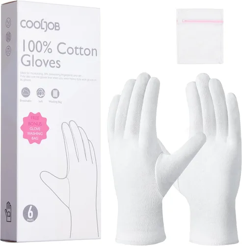 COOLJOB Guantes 100% Algodón, 6 Pares de Guantes de Algodón Blanco para Manos Secas Hidratantes y Eccema, Loción Nocturna, Tratamiento de Sueño y