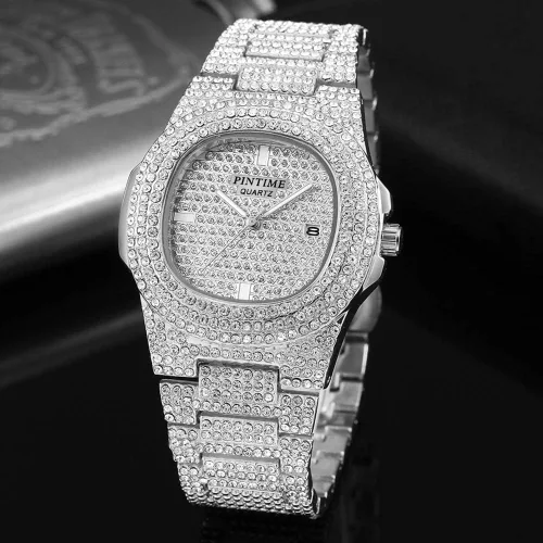 Miniatura 16 de Gosasa Reloj de pulsera unisex de cristal para hombre y mujer, reloj cubano con brillo completo, oblongo de plata/oro, reloj de pulsera de acero