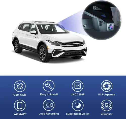 Miniatura 3 de Fitcamx Cámara de tablero 4K adecuada para Volkswagen Tiguan 2018-2024 (HD2-6108, con cola delgada), estilo de fábrica OEM, video UHD 2160P, WiFi