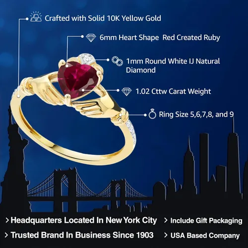 Miniatura 91 de Gem Stone King Anillo de compromiso claddagh celta irlandés de oro amarillo de 10 quilates con piedra preciosa en forma de corazón de 0.236 in