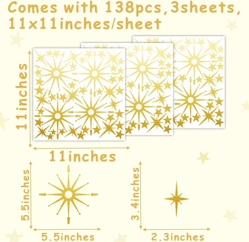 Miniatura 4 de Calcomanías de pared con estrella dorada, diseño retro de explosión de estrellas, calcomanías para dormitorio, sala de estar, decoración de techo