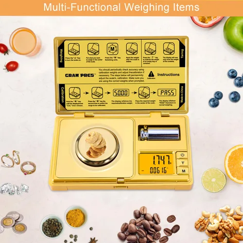 Miniatura 6 de GRAM PRES Balanza de miligramo de alta precisión, 50g/0.001g, báscula digital mini de bolsillo, báscula de gramos para pesar polvos, joyas, Dorado