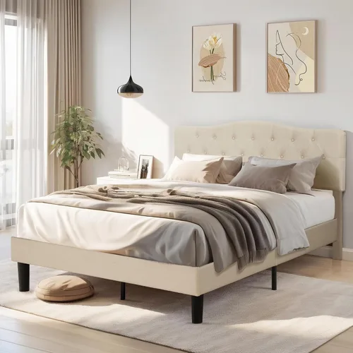 Miniatura 4 de VECELO Estructura de Cama Tamaño Full Tapizada con Cabecera Ajustable Acolchada/Base de Colchón con Soporte de Listones de Madera, Fácil Montaje