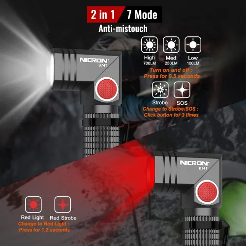 Miniatura 2 de NICRON B74T Linterna de luz roja, luz LED blanca recargable de 700 lúmenes con base magnética, clip, IP65 impermeable para camping, caminata
