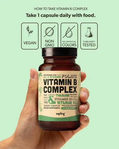 Miniatura 5 de sapling Complejo vegano de vitamina B, mezcla de alimentos integrales con vitaminas B esenciales B1, B2, B3, B5, B6, B7, folato, B12-60 cápsulas