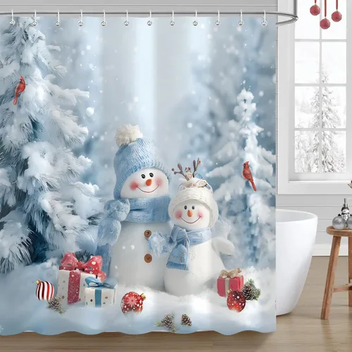Cortinas de Ducha de Navidad para Baño, Azul Lindo Muñeco de Nieve Árbol de Navidad Invierno Paisaje Natural Juego de Cortinas de Ducha, Tela