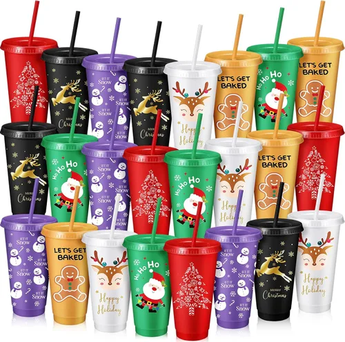 Umigy 24 piezas de tazas de Navidad, tazas de plástico para fiesta de Navidad, 24 oz de tazas reutilizables con tapas y popotes en diferentes temas