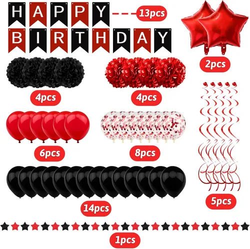 Miniatura 2 de Decoraciones de cumpleaños negro y rojo – Cartel de feliz cumpleaños para niños, niñas, hombres y mujeres, suministros de fiesta