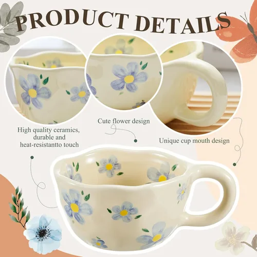 Miniatura 4 de Vesici Paquete de 4 tazas de café de cerámica con cuchara de 8.5 onzas, bonitas tazas de té estéticas con asa para té, leche, tazas de café