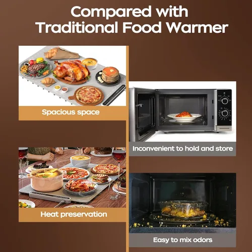 Miniatura 8 de Qimh Tapete de calentamiento de alimentos, bandeja de calentamiento eléctrica para fiestas y bufés, superficie de silicona completa con 4 ajustes