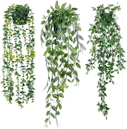 Sggvecsy Plantas colgantes falsas, paquete de 3 plantas artificiales de eucalipto en maceta, mandala de eucalipto sintético, vainas de guisantes