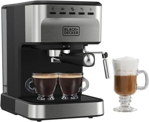 Black+Decker Máquina semiautomática de café expreso y capuchino de 15 bares, máquina versátil con capacidad para usar molidos o cápsulas ESE para