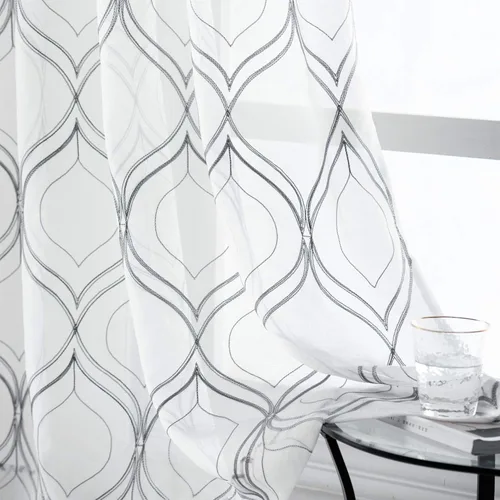 Miniatura 13 de VISIONTEX Cortinas traslúcidas blancas de 63 pulgadas de largo, juego de 2 paneles de bordado marroquí con puntos beige, tela de gasa bordada