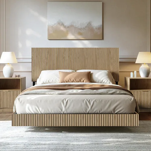 Miniatura 11 de Evermagin Base de cama flotante de tamaño matrimonial con cabecero, cama de plataforma acanalada bohemia con luces LED, marco de cama flotante