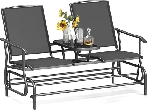 Tangkula Silla mecedora para 2 personas, sofá biplaza mecedora para patio con mesa central de vidrio templado, banco de columpio para exteriores con