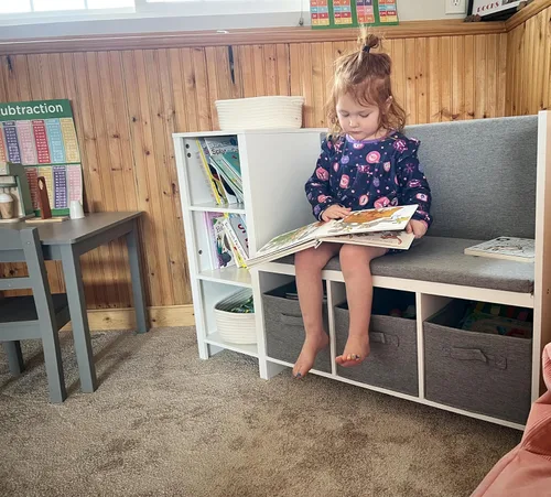 Miniatura 3 de UTEX Banco de lectura para niños con estantería, estantería para niños y organizador de almacenamiento con cojín de asiento, banco de lectura