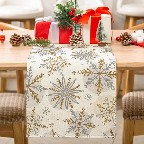 Miniatura 2 de AnyDesign Camino de mesa navideño de invierno, mantel de copo de nieve dorado y plateado, 13 x 72 pulgadas