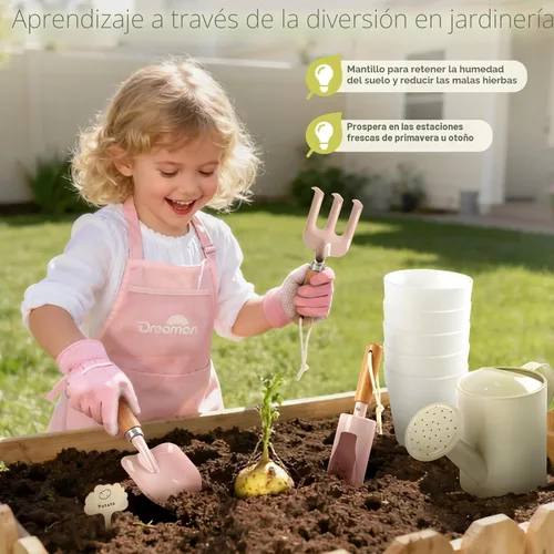 Miniatura 4 de Juego de jardinería para niños, kit de herramientas de jardinería para niños pequeños, incluye bolsa de mano, delantal, guantes, regadera, pala, Rosa