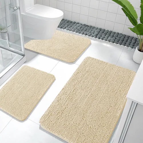 Miniatura 25 de OLANLY Juego de Alfombras de Baño de 3 Piezas, Tapetes de Baño de Chenilla Suave y Absorbente y Alfombra de Contorno en Forma de U para Inodoro
