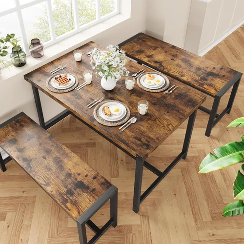 Miniatura 4 de Juego de mesa de comedor de granja para 4, juego de mesa de cocina de 3 piezas con 2 bancos, mesa rectangular pequeña y bancos para comedor, cocina